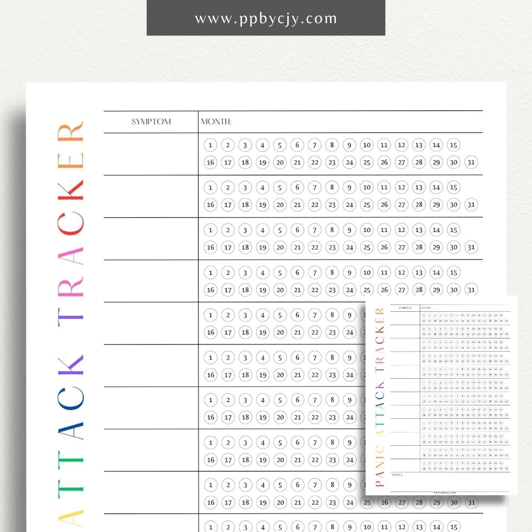 printable template page with columns and rows related to panic attack tracking