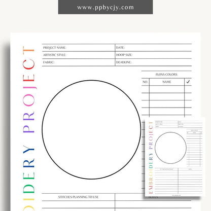 Embroidery Project Plan Printable Template – Digital download for organizing and planning embroidery projects with sections for design, materials, and progress tracking