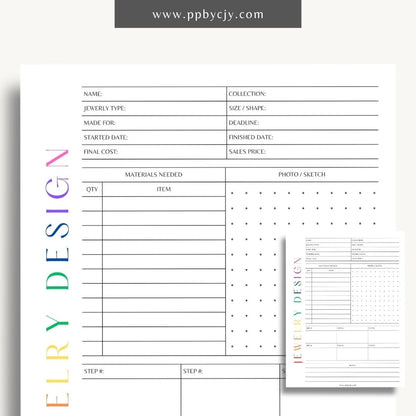 Jewelry Design Plan Printable Template – Digital download for organizing and planning jewelry designs with sections for sketches, materials, and measurements