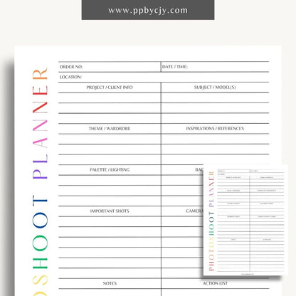 Photoshoot Planner Printable Template – Digital download for organizing and planning photography sessions, shot lists, schedules, and equipment"