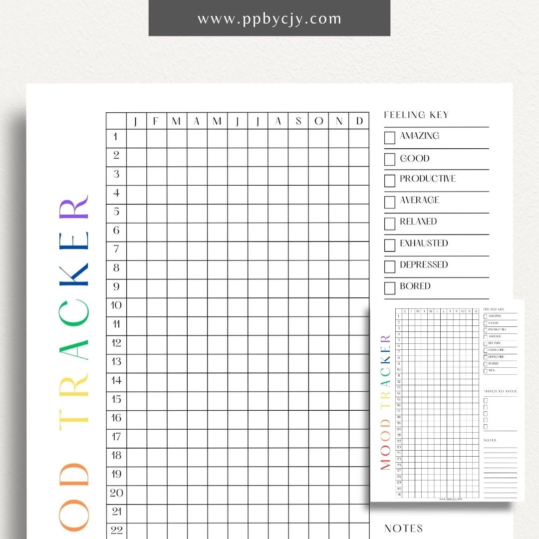 printable template page with columns and rows related to mood tracking
