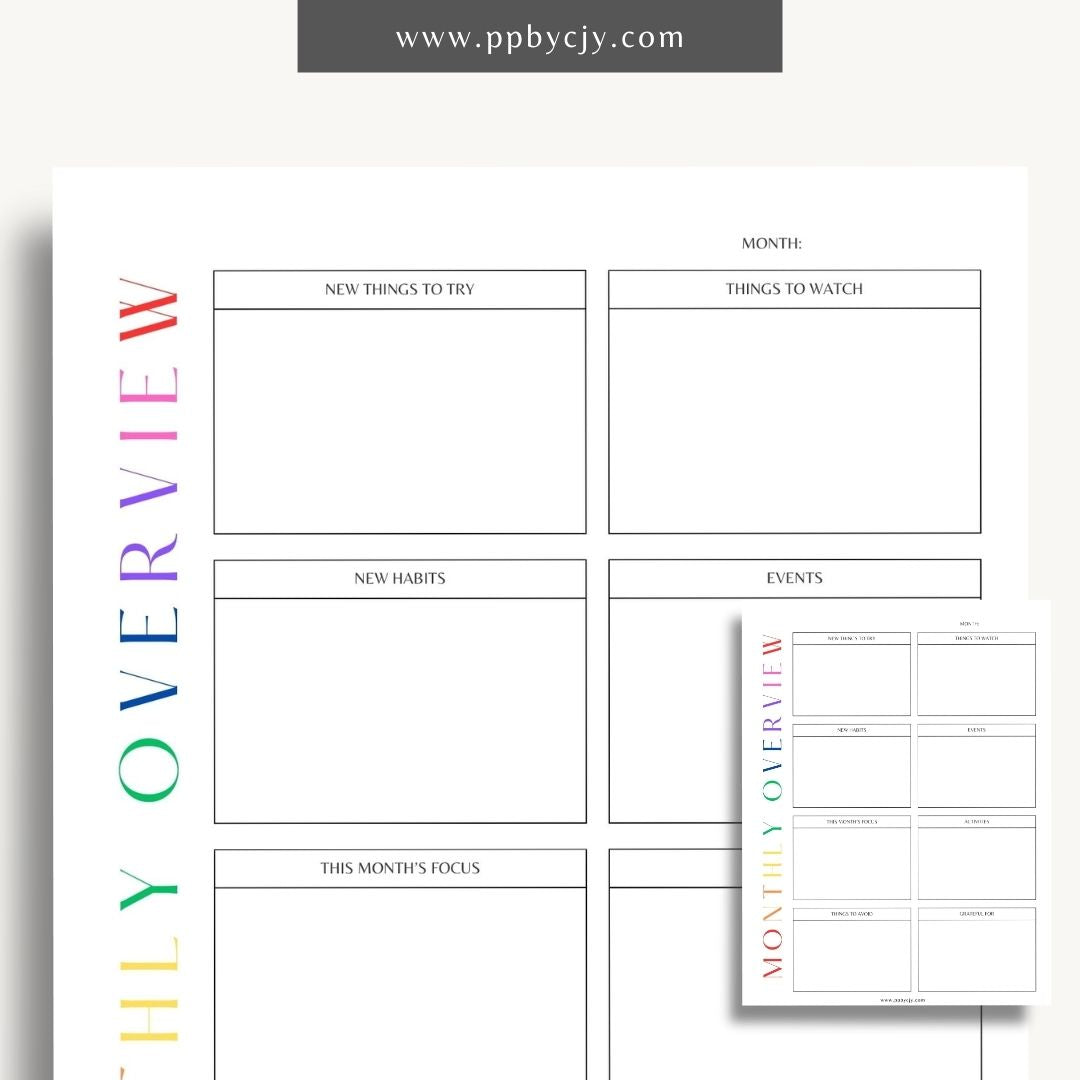 Monthly Overview Printable Template – Digital download for planning monthly schedules, setting goals, and organizing tasks.