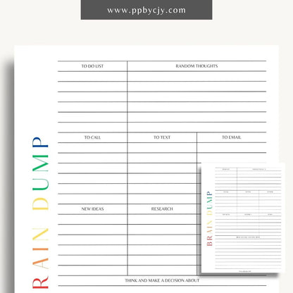 Brain Dump Printable Template – Digital download for decluttering the mind and organizing thoughts and ideas.