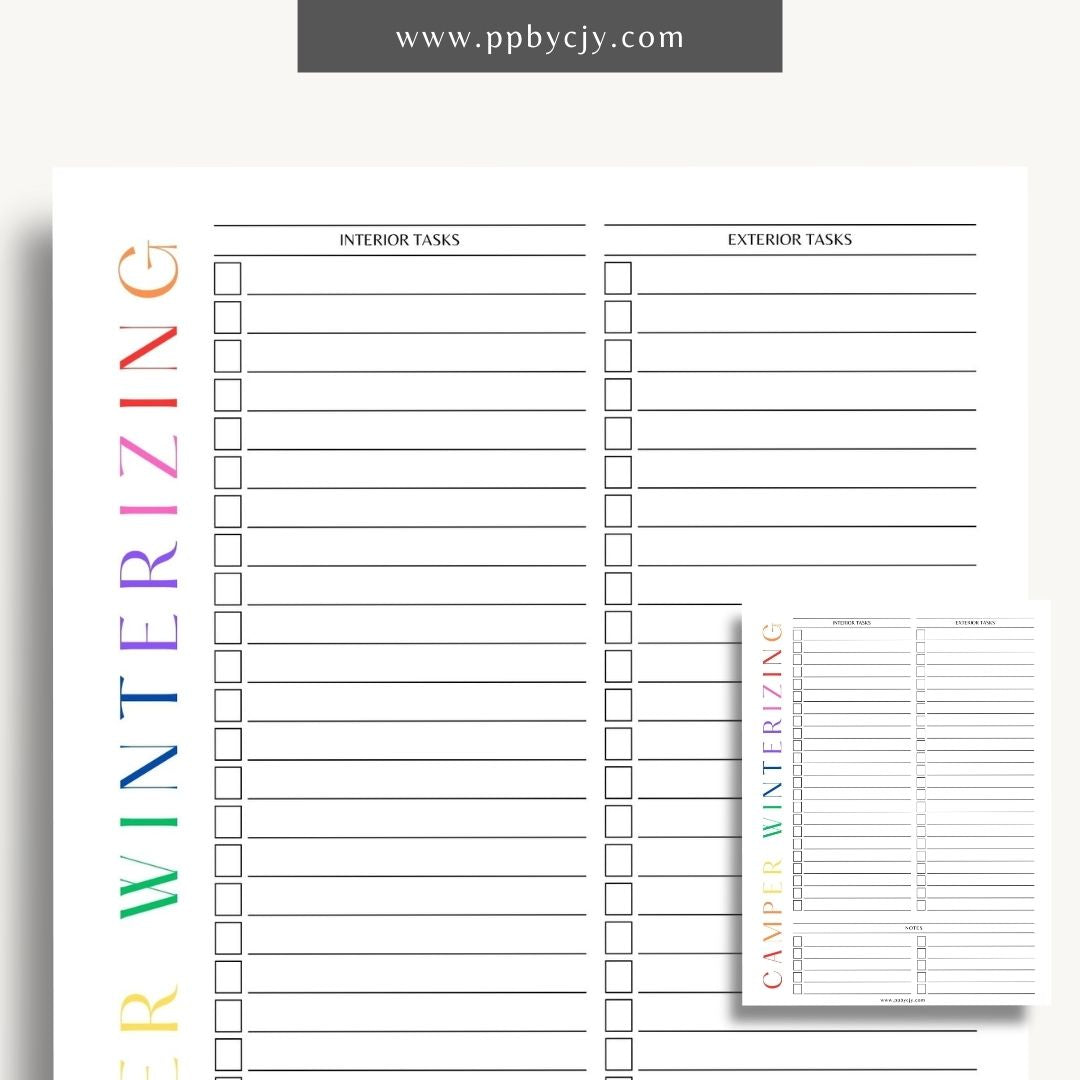 Camper Winterizing Sheet Printable Template – Digital Download for Organizing and Tracking Winterizing Tasks for Campers