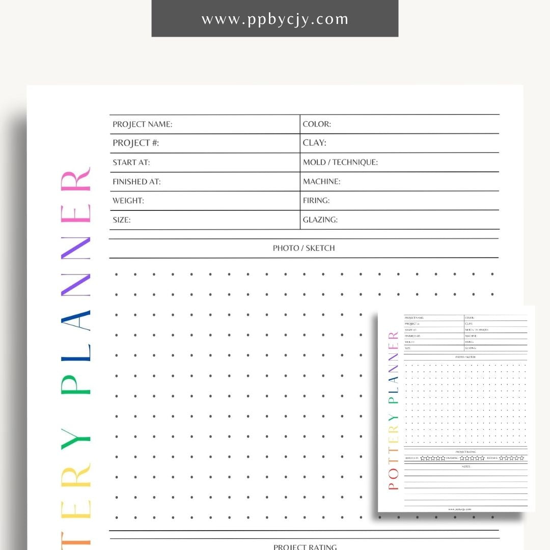 Pottery Planner Printable Template – Digital download for organizing ceramic projects, including design planning, material tracking, and firing schedules