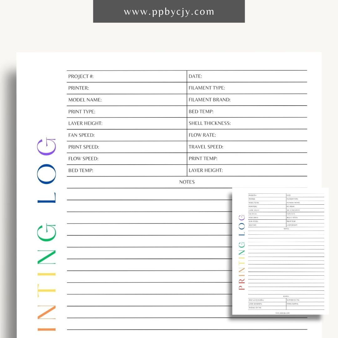 3D Printing Log Printable Template – Digital download for tracking and organizing 3D print jobs, settings, and project details