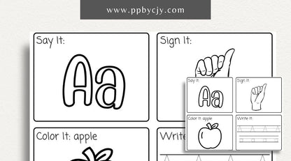 Alphabet Worksheet Printable Template – Say it, Sign it, Color it, Write it – Digital download for classroom or homeschool learning.