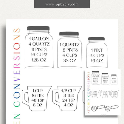 Recipe Ingredient Measurement Conversion Printable Template – Digital download for converting and referencing common ingredient measurements in recipes.