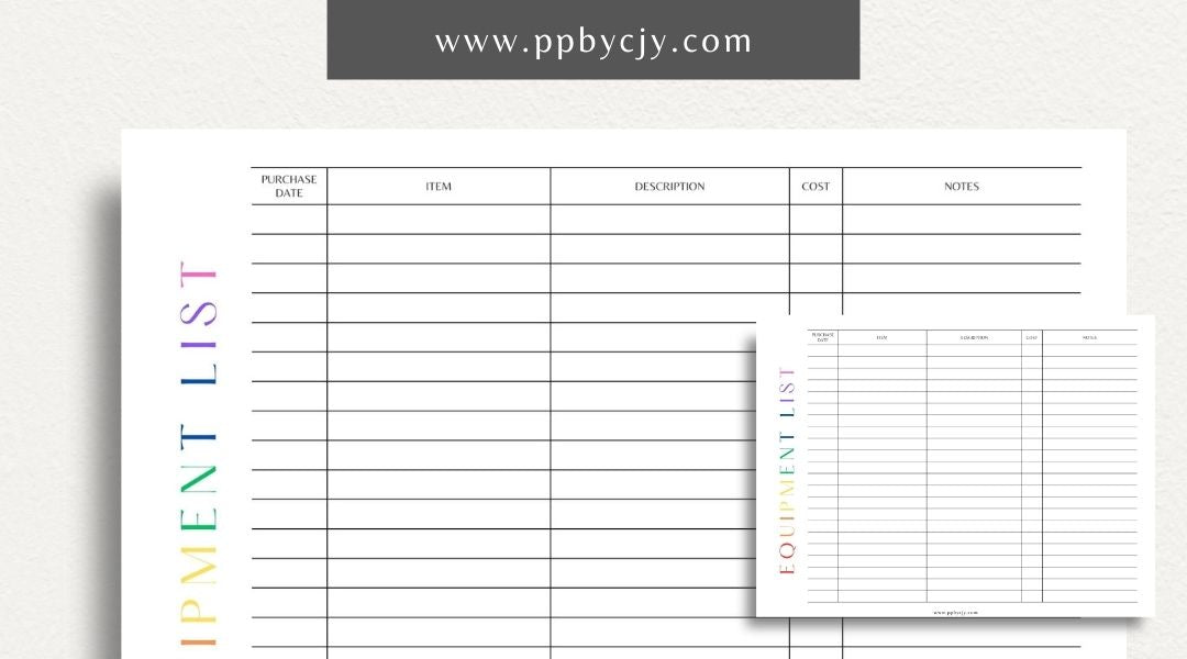 Equipment & Machine List Printable Template – Digital download for tracking and organizing machinery, maintenance schedules, and equipment inventory