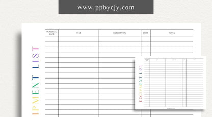 Equipment & Machine List Printable Template – Digital download for tracking and organizing machinery, maintenance schedules, and equipment inventory