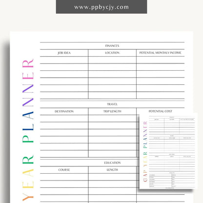 Gap Year Planner Printable Template – Digital download for organizing travel, setting goals, and tracking experiences during your gap year.