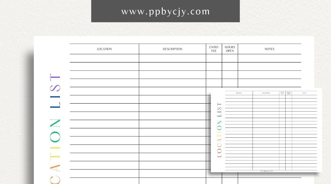 Photography Location List Printable Template – Digital download for organizing and tracking photography spots, photoshoot planning, and location details