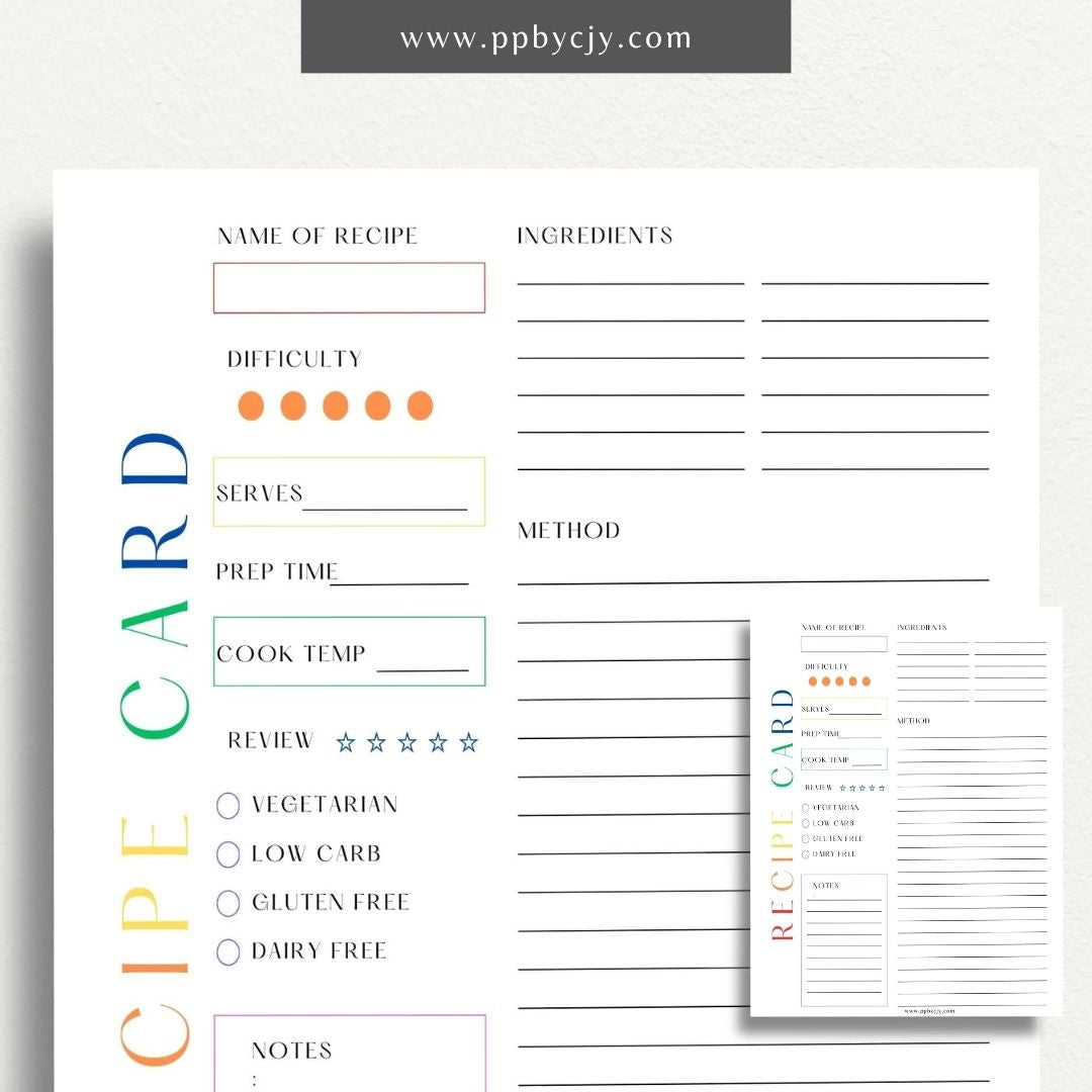 Recipe Card Printable Template – Digital download for organizing and documenting your favorite recipes and cooking instructions