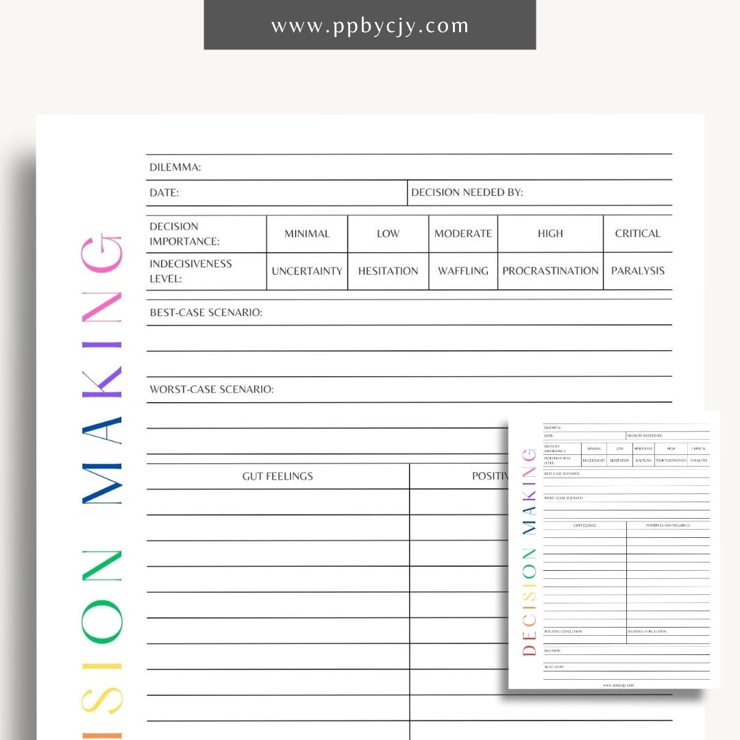 Decision-Making Sheet Printable Template – Digital download for evaluating options, listing pros and cons, and organizing thoughts for confident decision-making.