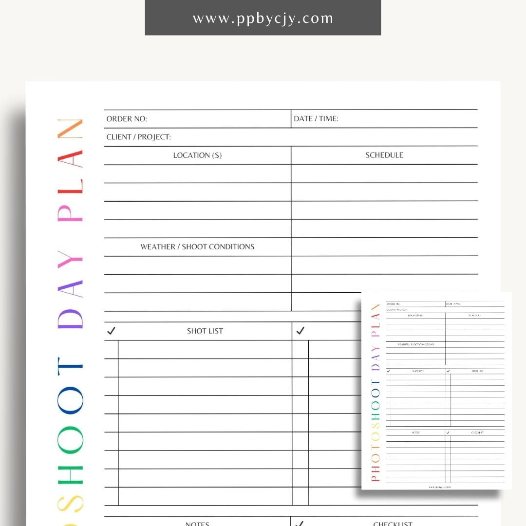 Photoshoot Day Plan Printable Template – Digital download for organizing and planning photography sessions, shoot day schedules, and equipment lists