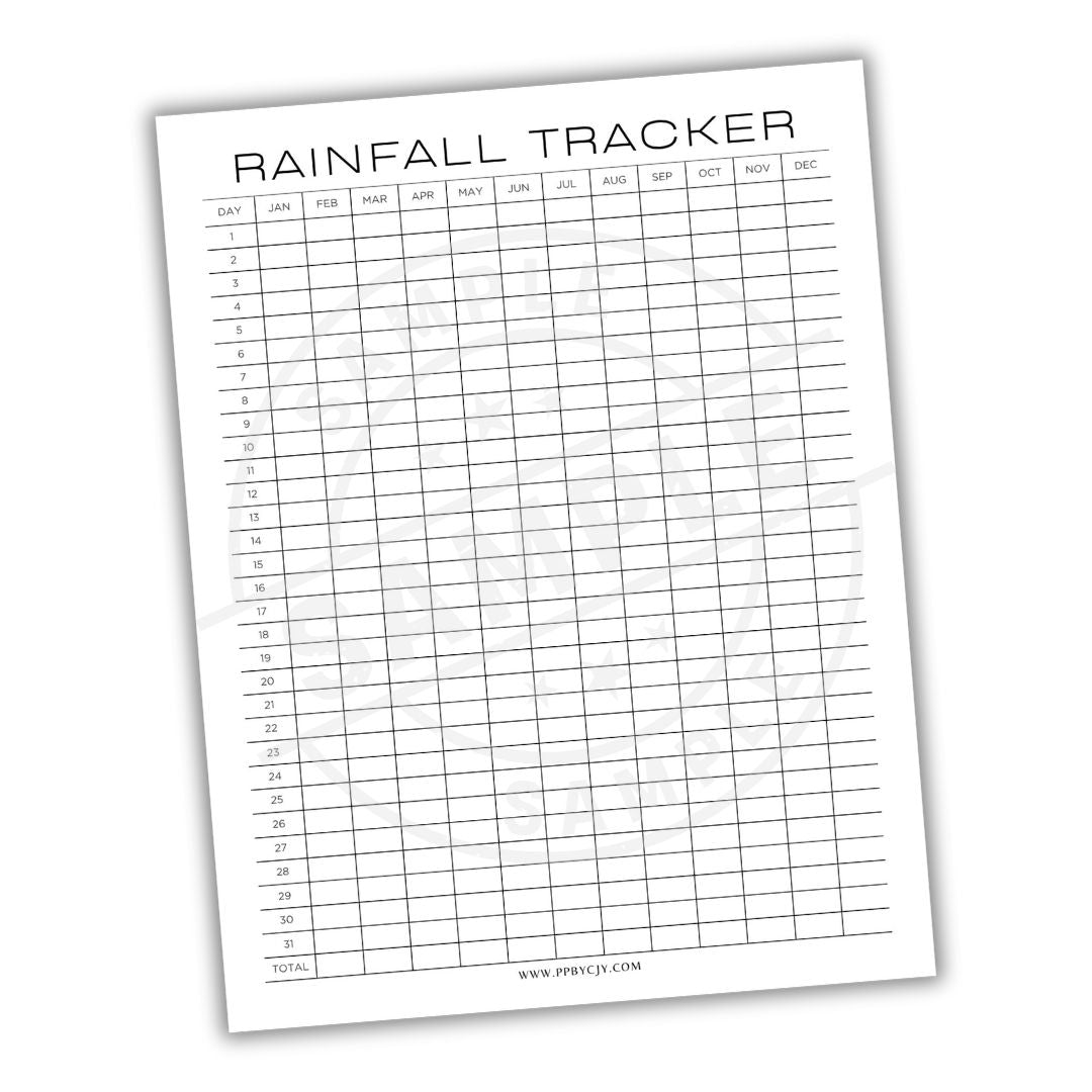 Printable rainfall tracker to log daily or monthly rain totals. Ideal for gardening, farming, weather tracking, and school science projects.