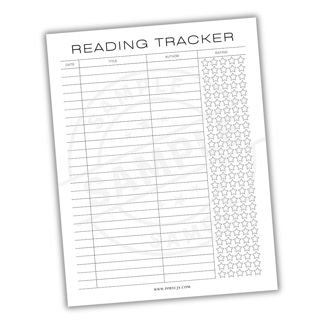 Reading tracker sheet with star ratings on a white background