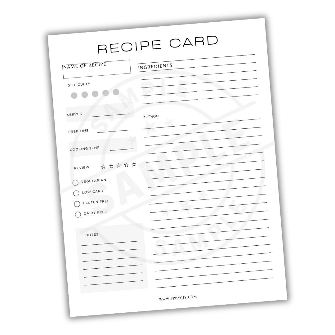Blank recipe card with various fields for recipe details on a white background