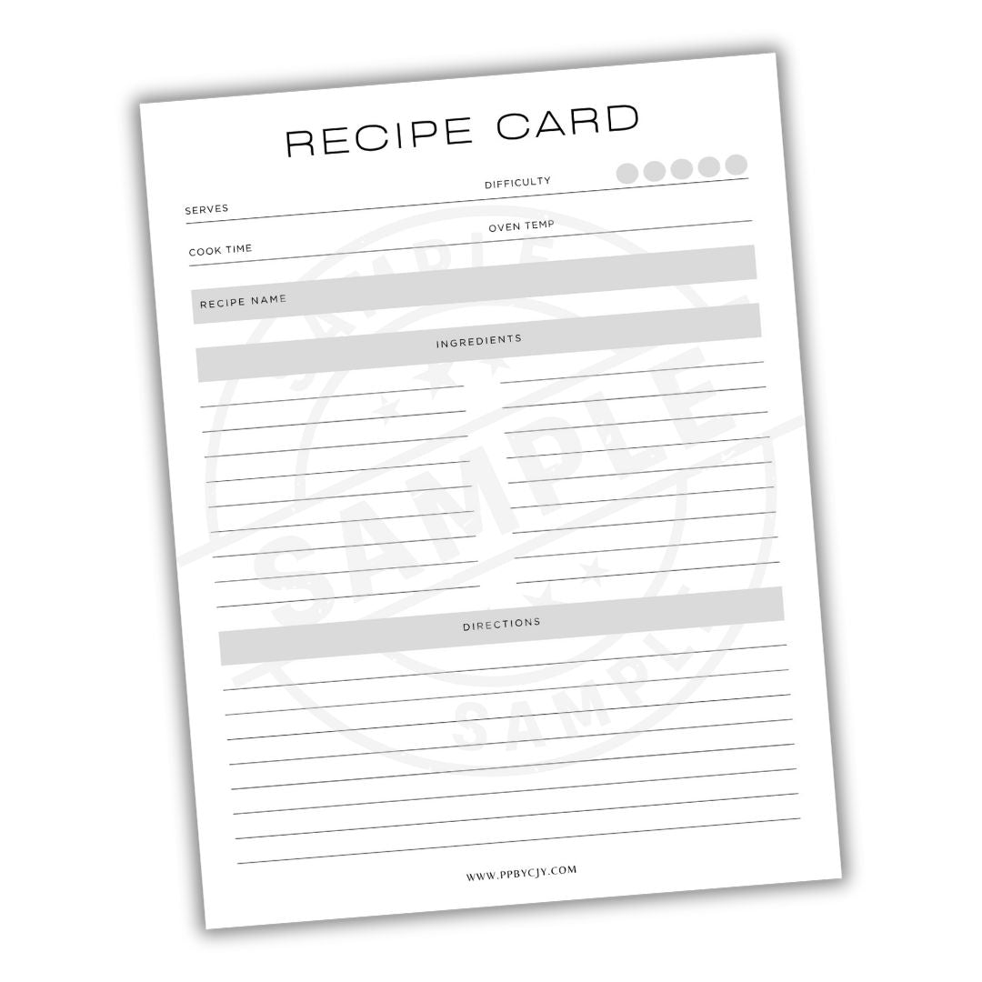 Blank recipe card with text boxes for recipe details on a white background