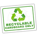Recyclable cardboard only sign with green recycling symbol on a white background