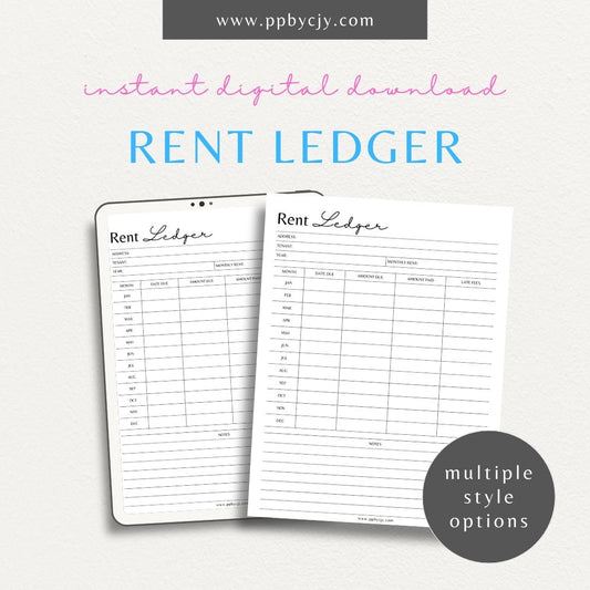 Rent Payment Ledger Printable Template – Digital download for recording and tracking rent payments, due dates, and payment history