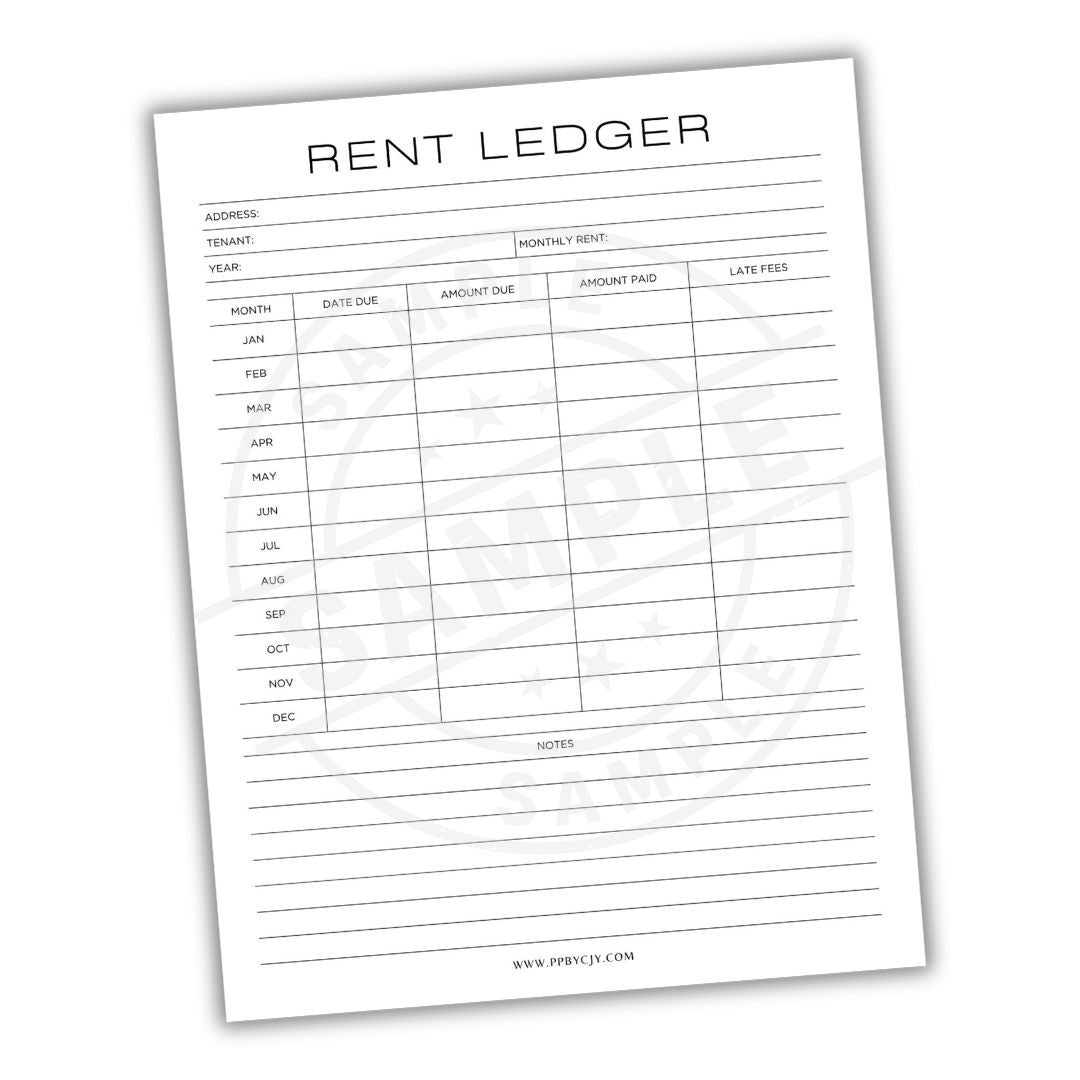 Rent ledger form with columns for address, rent details, and payment history on a white background.