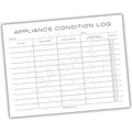 Appliance Condition Log sheet with columns for appliance details and inspection status.