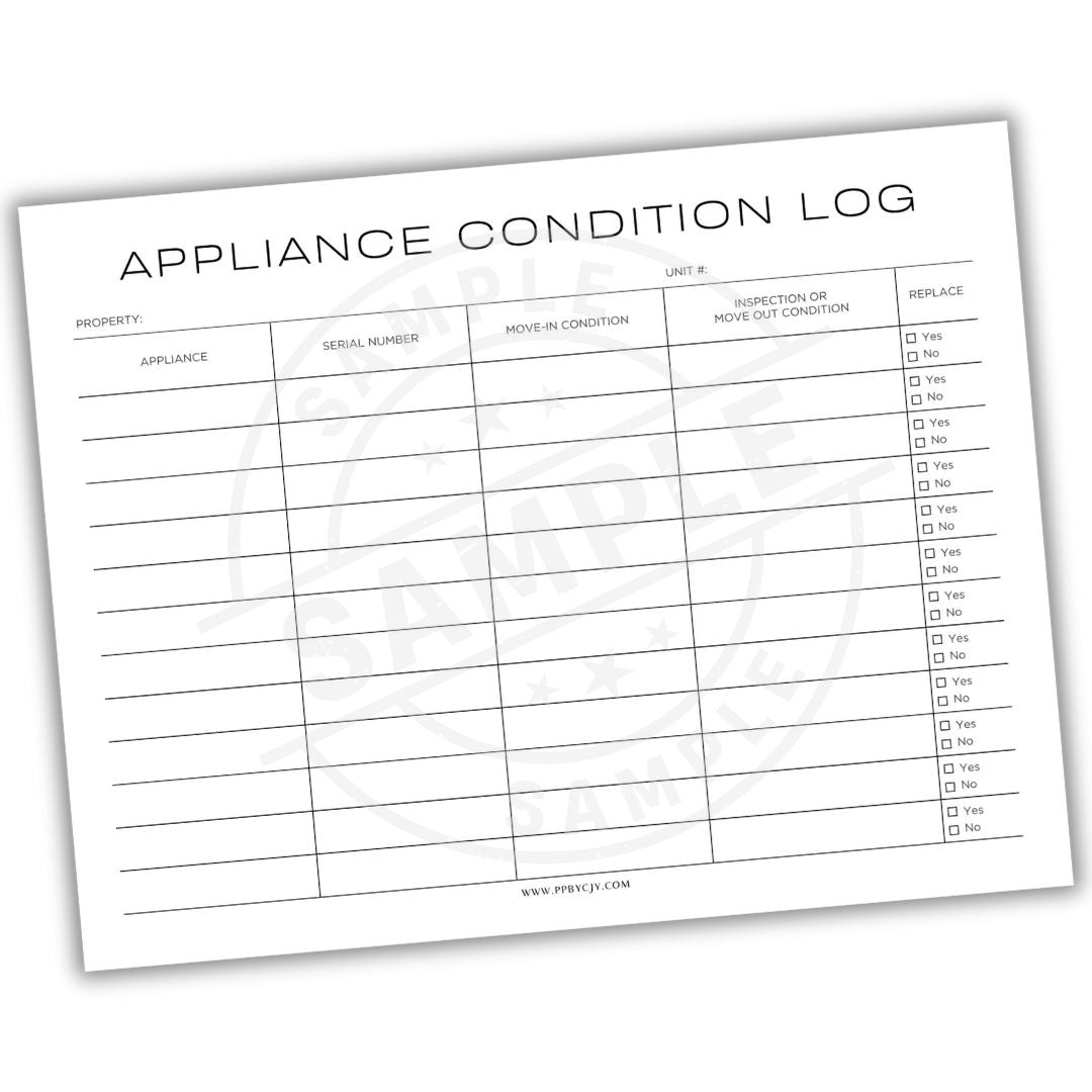 Appliance Condition Log sheet with columns for appliance details and inspection status.