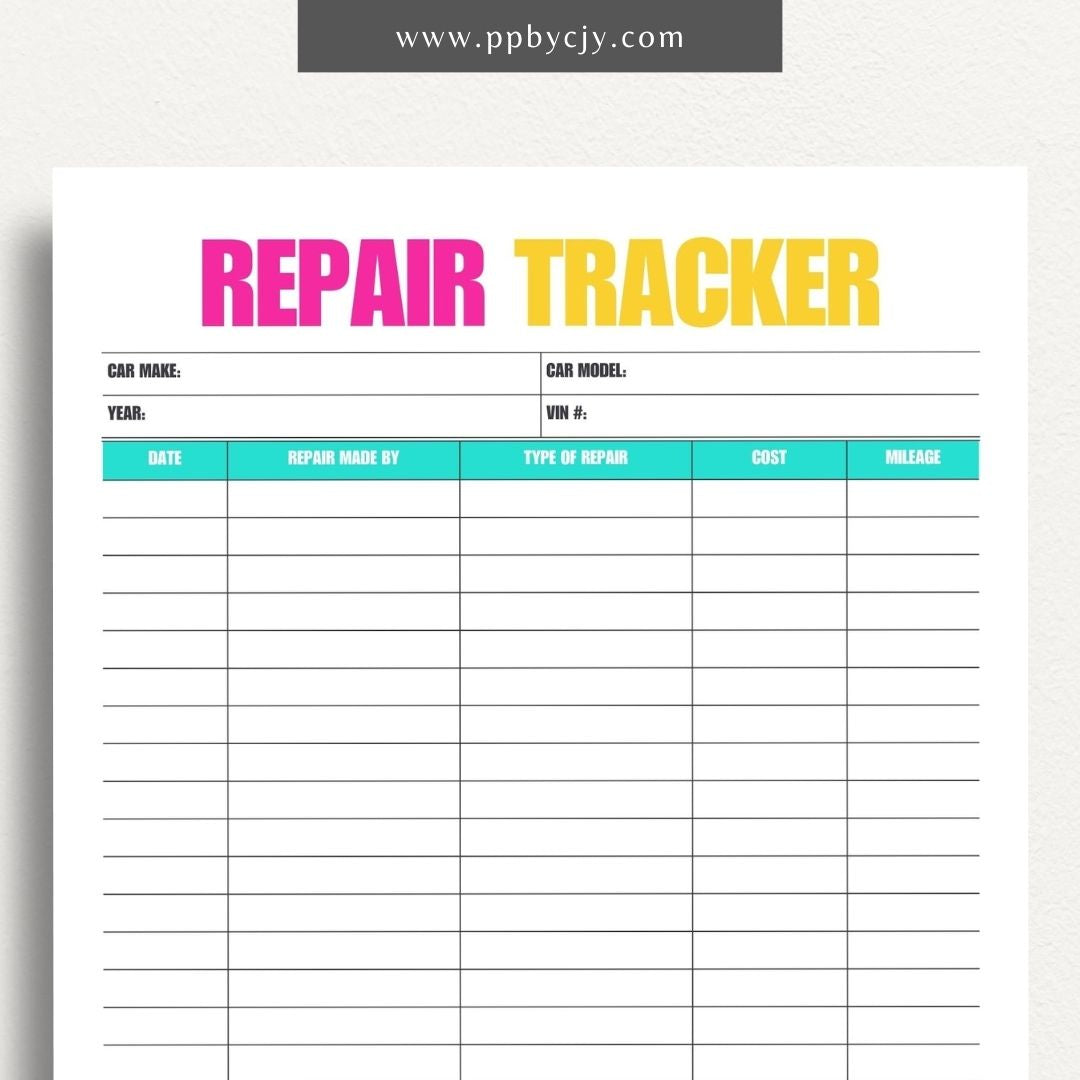 Vehicle Repair Log Printable Template – Digital Download for Recording and Tracking Vehicle Repairs