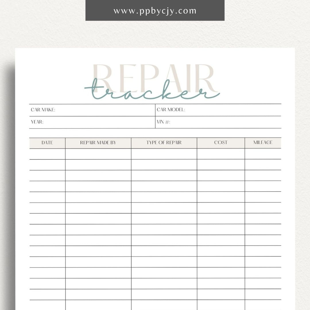 Vehicle Repair Log Printable Template – Digital Download for Recording and Tracking Vehicle Repairs