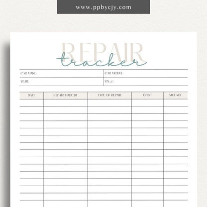 Vehicle Repair Log Printable Template – Digital Download for Recording and Tracking Vehicle Repairs