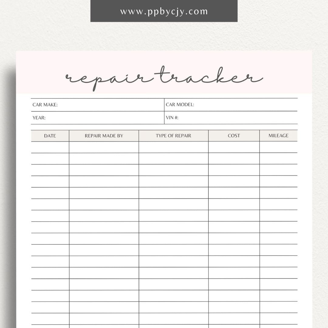 Vehicle Repair Log Printable Template – Digital Download for Recording and Tracking Vehicle Repairs