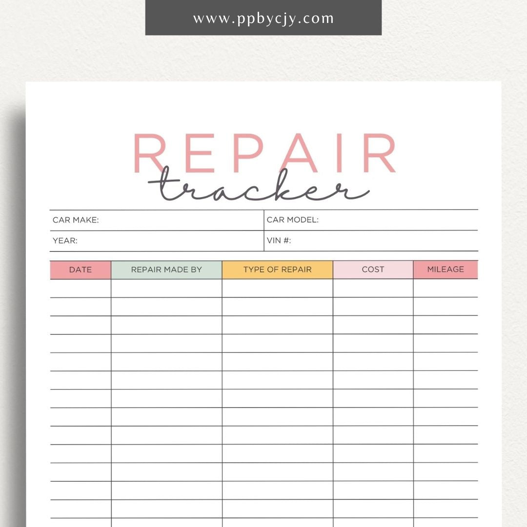 Vehicle Repair Log Printable Template – Digital Download for Recording and Tracking Vehicle Repairs