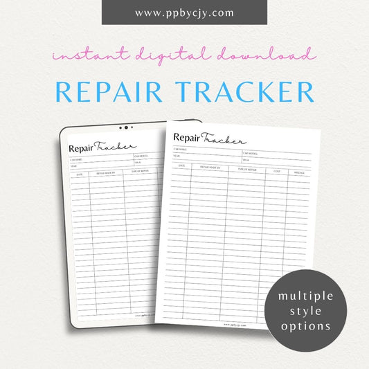 Vehicle Repair Log Printable Template – Digital Download for Recording and Tracking Vehicle Repairs