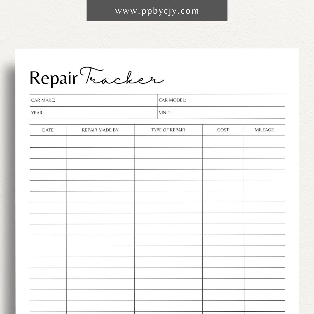 Vehicle Repair Log Printable Template – Digital Download for Recording and Tracking Vehicle Repairs