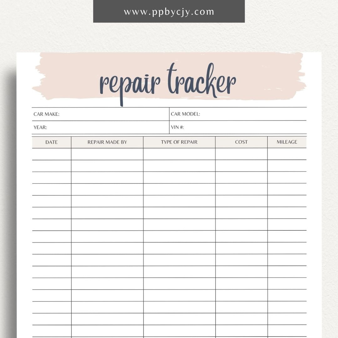 Vehicle Repair Log Printable Template – Digital Download for Recording and Tracking Vehicle Repairs