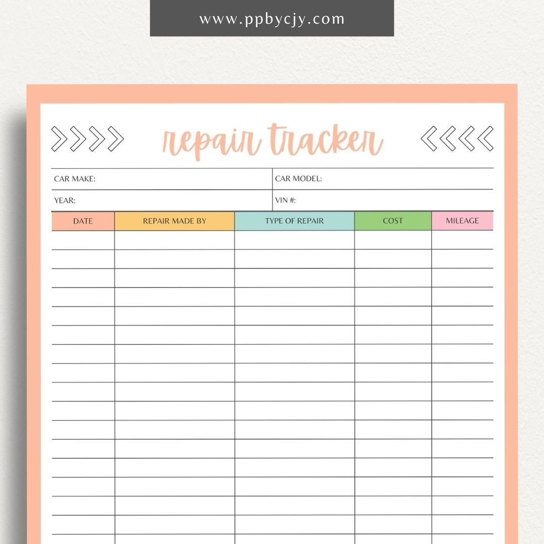 Vehicle Repair Log Printable Template – Digital Download for Recording and Tracking Vehicle Repairs