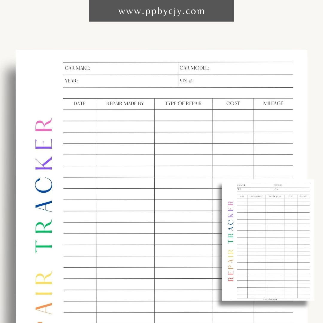 Vehicle Repair Log Printable Template – Digital Download for Recording and Tracking Vehicle Repairs