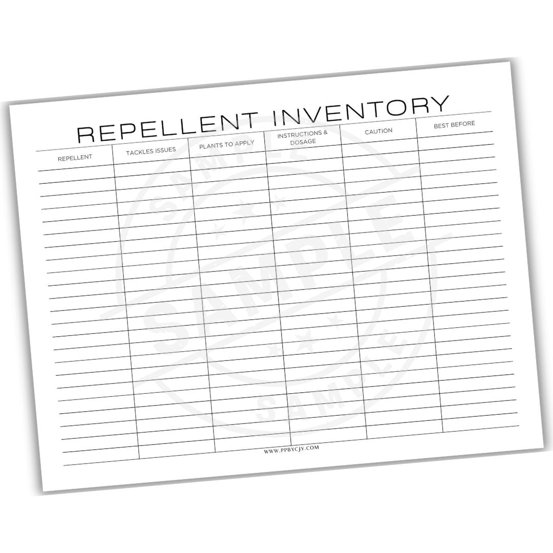 Repellent inventory sheet with columns for details on a white background
