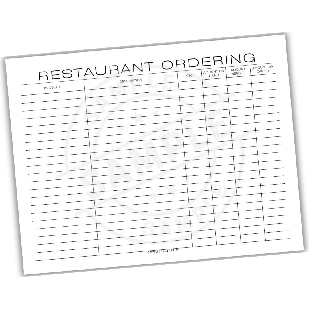 Blank sheet for restaurant ordering with columns for product description, price, amount on hand, amount needed, and amount to order.