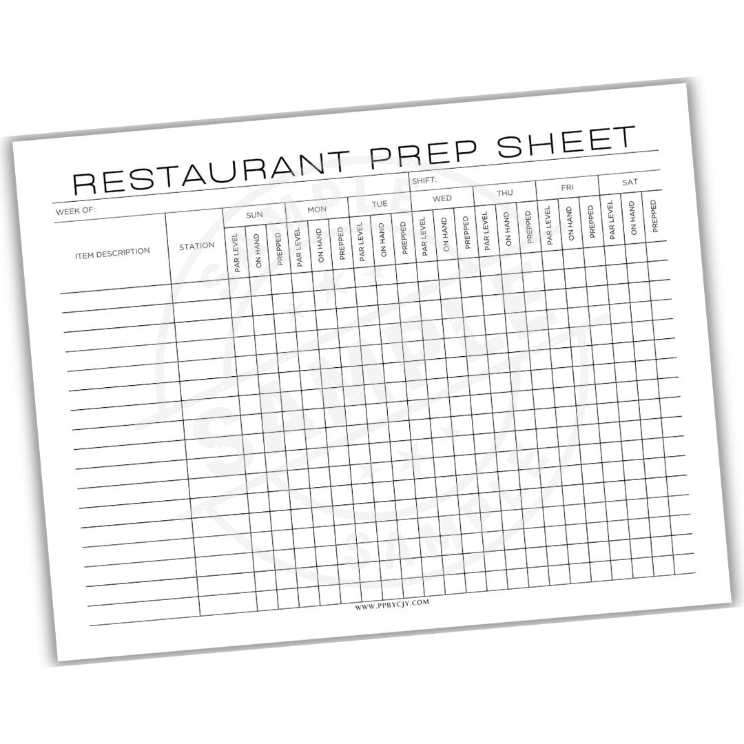 Restaurant prep sheet with a grid layout on a white background