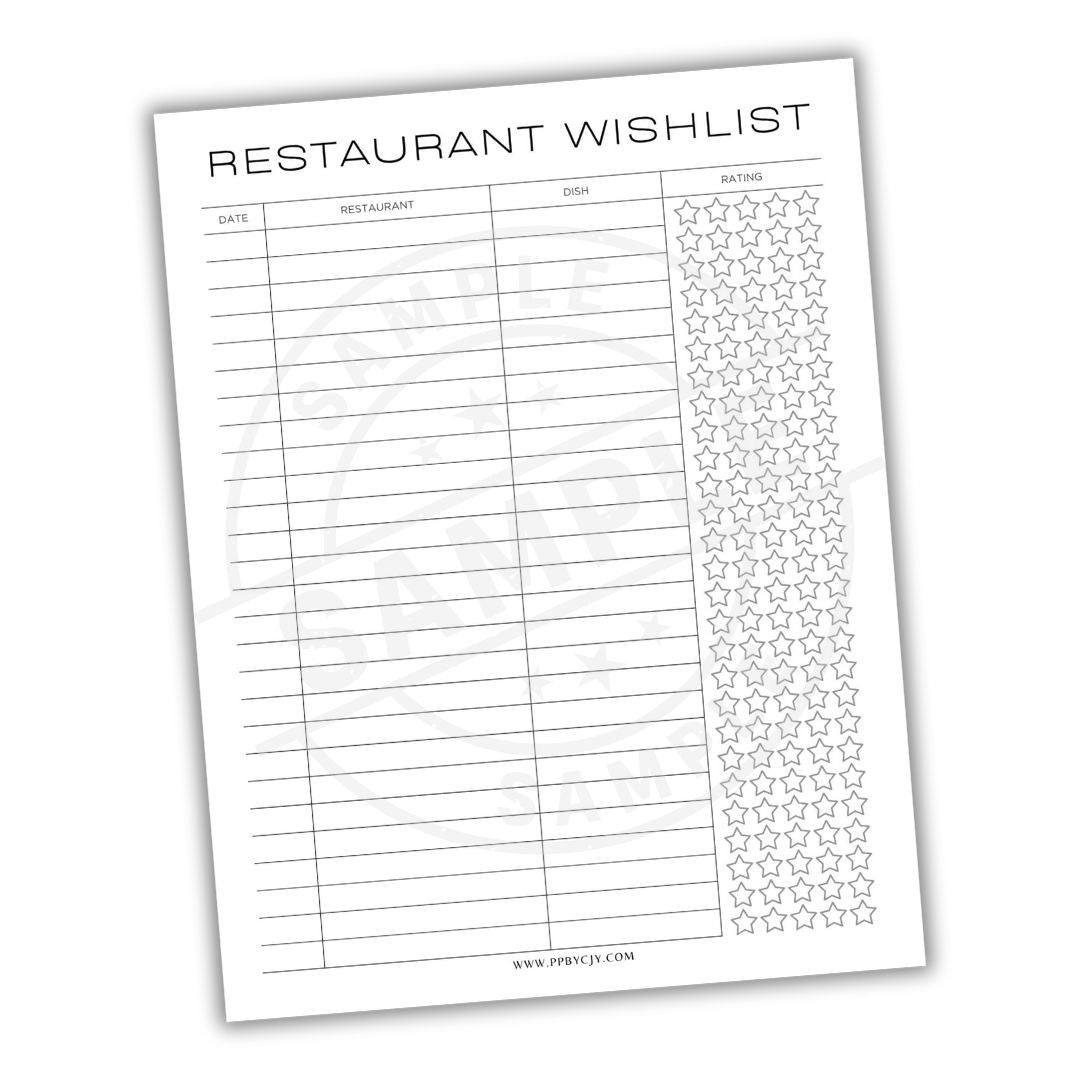 Restaurant wishlist sheet with star ratings on a white background