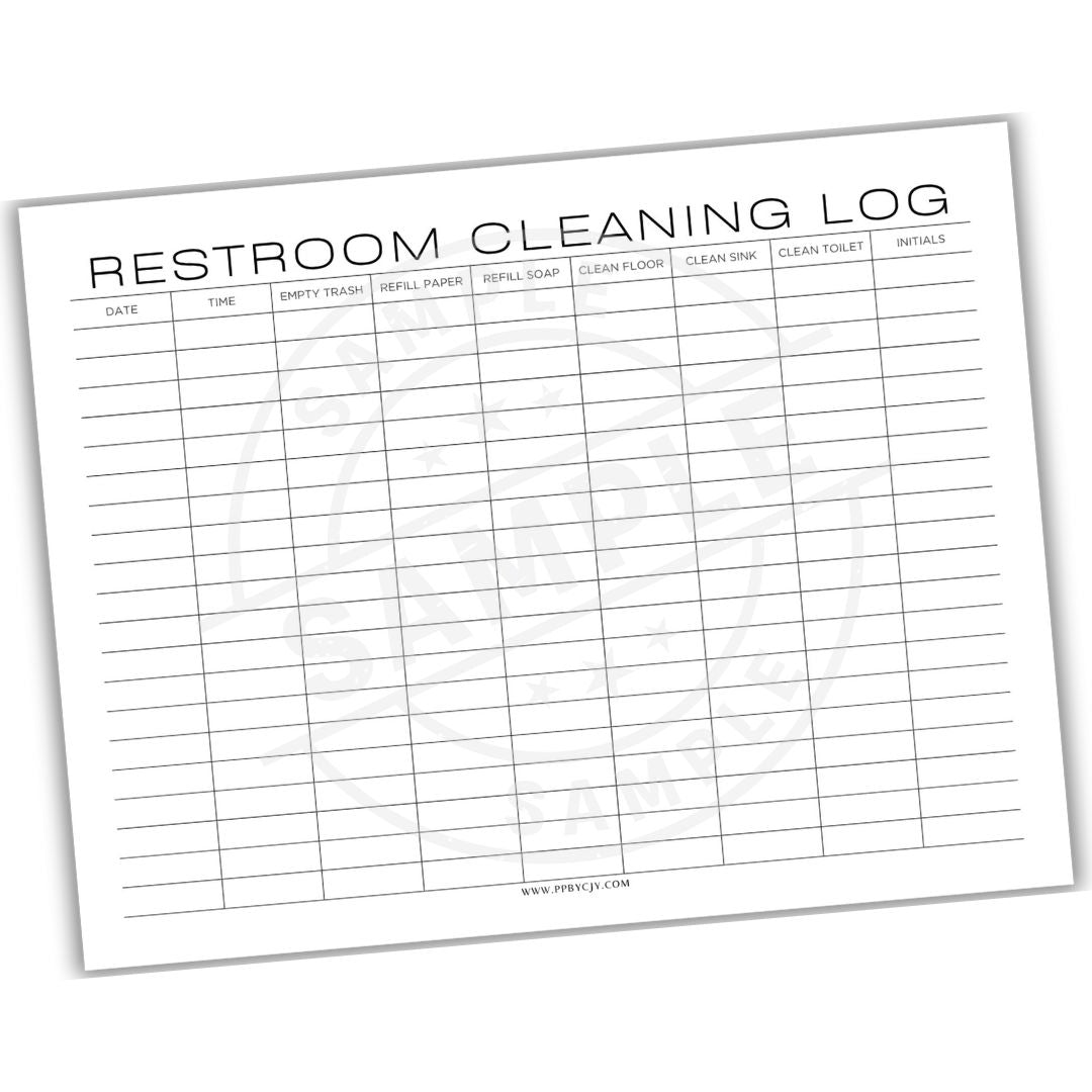 Restroom cleaning log sheet on a white background