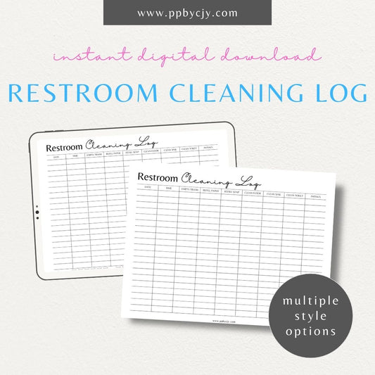 Restroom Cleaning Log Printable Template – Digital download for recording and tracking restroom cleaning schedules, tasks, and inspection details