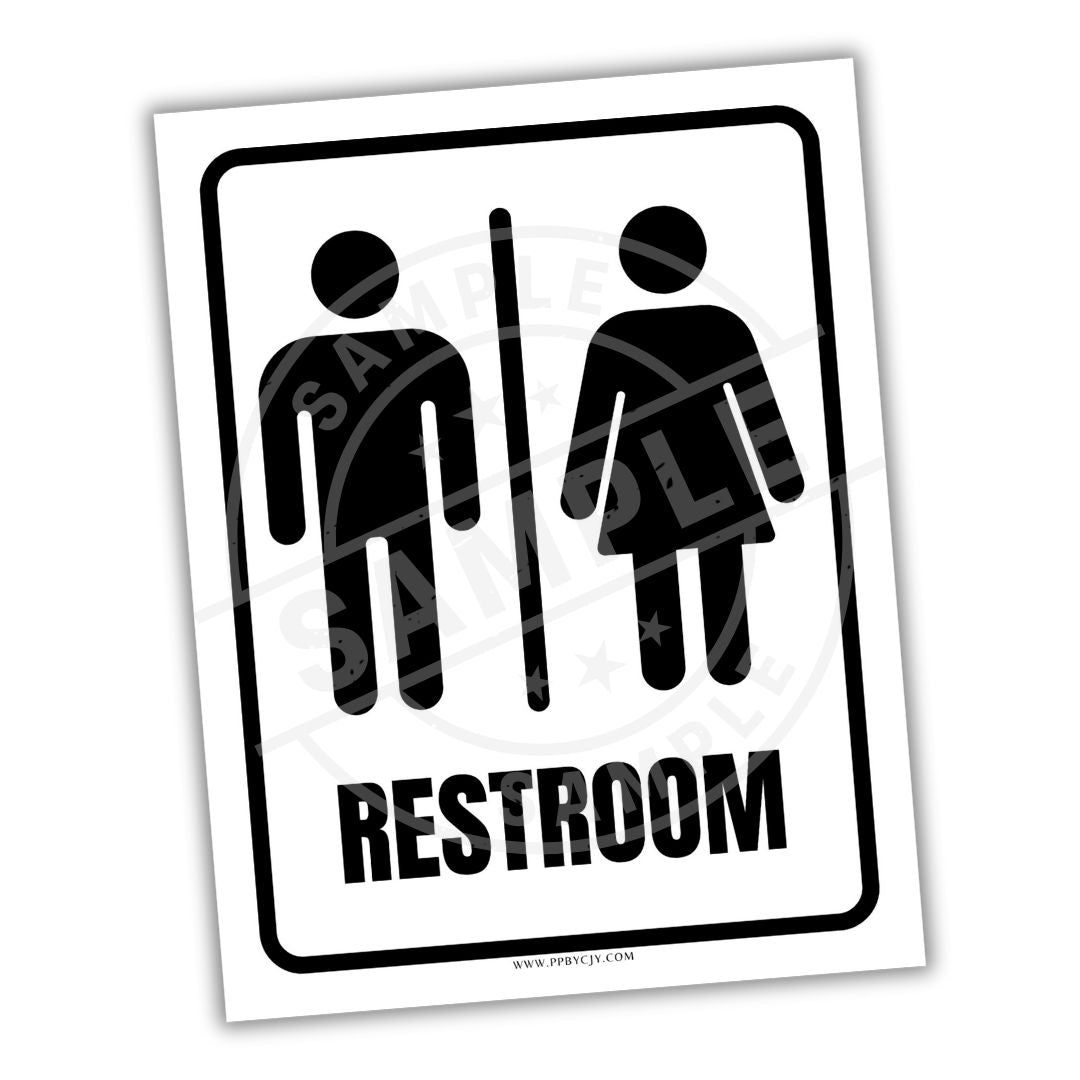 Restroom sign with male and female symbols on a white background