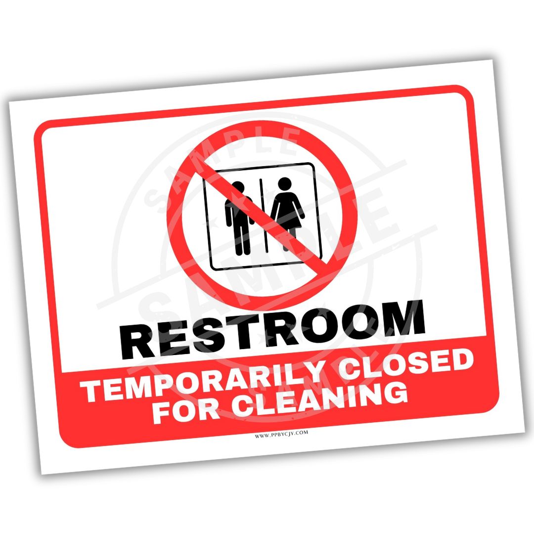 Sign indicating a restroom temporarily closed for cleaning with a red circle and line through a symbol of a person and a woman.