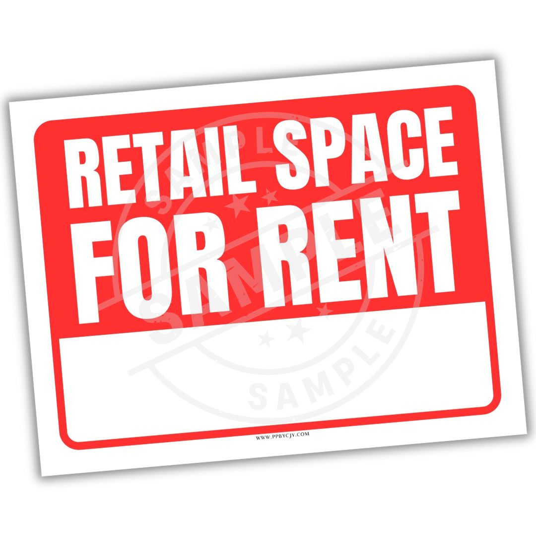 Red and white sign with 'Retail Space for Rent' text on a white background