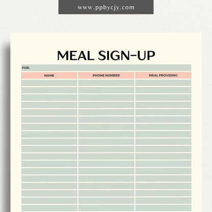 Meal Train Sign-Up Printable Template – Digital download for organizing and coordinating meal deliveries for someone in need.