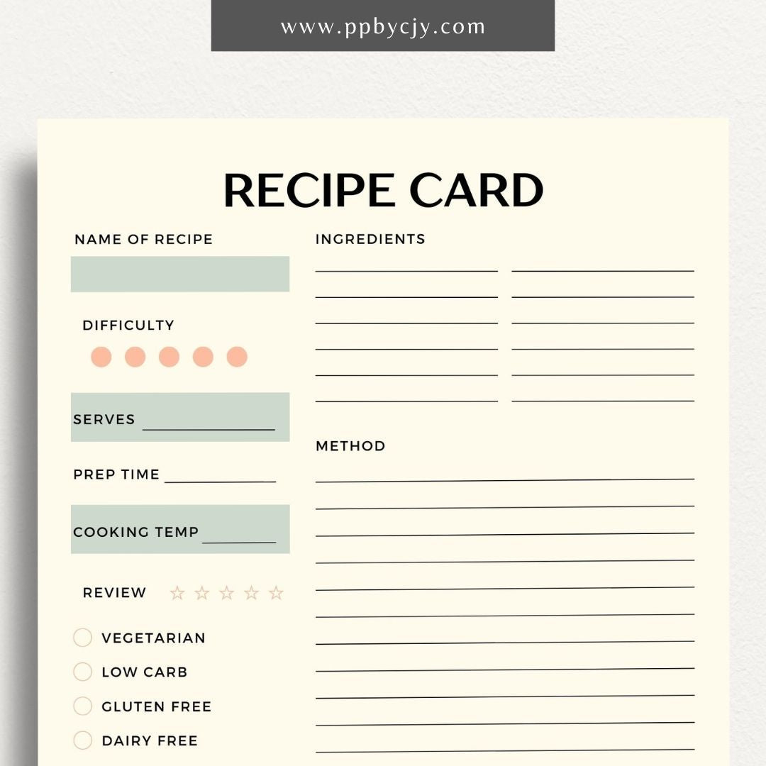 Recipe Card Printable Template – Digital download for organizing and documenting your favorite recipes and cooking instructions