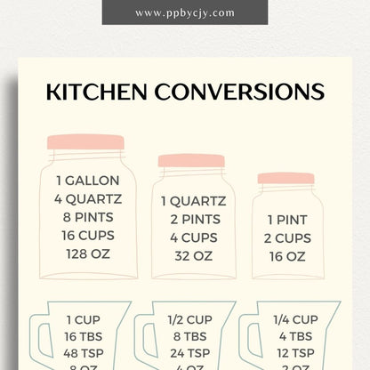 Recipe Ingredient Measurement Conversion Printable Template – Digital download for converting and referencing common ingredient measurements in recipes.